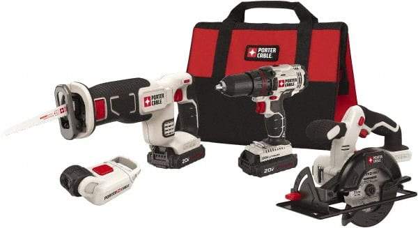 Porter-Cable - 20 Volt Cordless Tool Combination Kit - Includes 1/2" Drill/Driver, 5-1/2" Circular Saw, Compact Reciprocating Saw & Work Light, Lithium-Ion Battery Included - Americas Industrial Supply