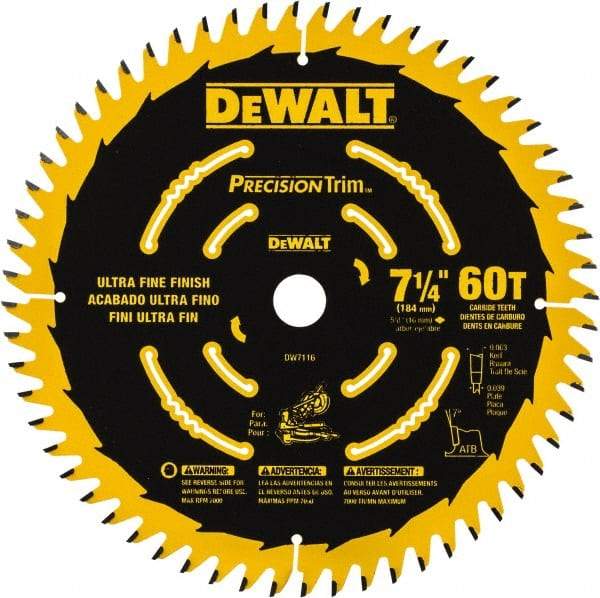 DeWALT - 7-1/4" Diam, 5/8" Arbor Hole Diam, 60 Tooth Wet & Dry Cut Saw Blade - Tungsten Carbide-Tipped, Smooth Action, Standard Round Arbor - Americas Industrial Supply