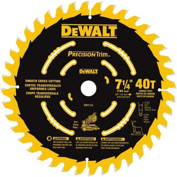 DeWALT - 7-1/4" Diam, 5/8" Arbor Hole Diam, 40 Tooth Wet & Dry Cut Saw Blade - Tungsten Carbide-Tipped, Smooth Action, Standard Round Arbor - Americas Industrial Supply