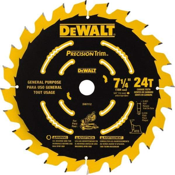 DeWALT - 7-1/4" Diam, 5/8" Arbor Hole Diam, 24 Tooth Wet & Dry Cut Saw Blade - Tungsten Carbide-Tipped, Smooth Action, Standard Round Arbor - Americas Industrial Supply