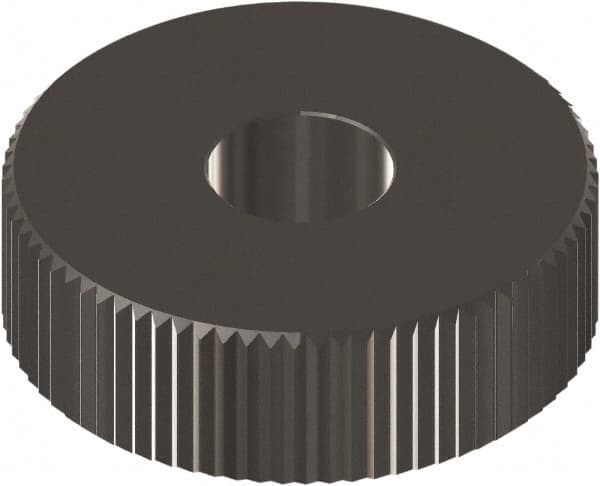 Made in USA - 3/4" Diam, 90° Tooth Angle, 10 TPI, Beveled Face, Form Type Cobalt Straight Knurl Wheel - 3/8" Face Width, 1/4" Hole, Circular Pitch, 0° Helix, Ferritic Nitrocarburizing Finish, Series KP - Exact Industrial Supply