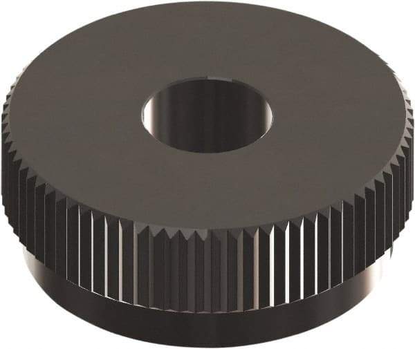 Made in USA - 1/2" Diam, 90° Tooth Angle, 30 TPI, Beveled Face, Form Type High Speed Steel Straight Knurl Wheel - 1/4" Face Width, 3/16" Hole, Circular Pitch, 0° Helix, Ferritic Nitrocarburizing Finish, Series EQ - Exact Industrial Supply