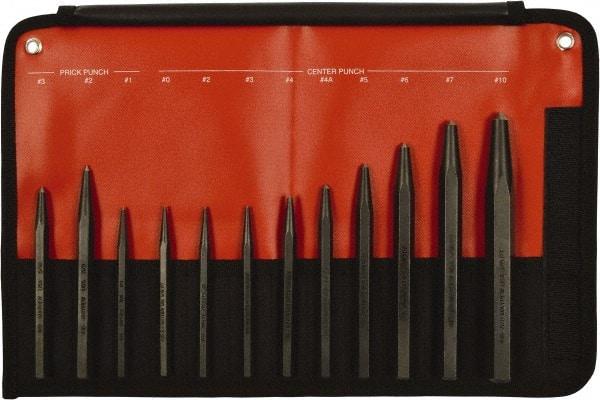 Mayhew - 12 Piece, 3/32 to 3/8", Center & Prick Punch Set - Hex Shank, Steel, Comes in Kit Bag - Americas Industrial Supply