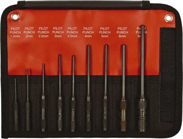 Mayhew - 9 Piece, 1.5 to 8mm, Pin & Pilot Punch Set - Hex Shank, Steel, Comes in Kit Bag - Americas Industrial Supply