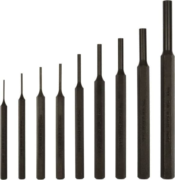 Mayhew - 9 Piece, 1.5 to 10mm, Pin Punch Set - Hex Shank, Steel, Comes in Kit Bag - Americas Industrial Supply