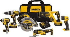 DeWALT - 20 Volt Cordless Tool Combination Kit - Includes 1/2" Brushless Hammerdrill, 1/4" Brushless Impact Driver, Brushless Reciprocating Saw, 7-1/2" Brushless Circular Saw, Oscillating Tool & LED Worklight, Lithium-Ion Battery Included - Americas Industrial Supply