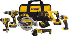 DeWALT - 20 Volt Cordless Tool Combination Kit - Includes 1/2" Brushless Hammerdrill, 1/4" Brushless Impact Driver, Brushless Reciprocating Saw, 7-1/2" Brushless Circular Saw, Cut-Off Tool/Grinder & LED Worklight, Lithium-Ion Battery Included - Americas Industrial Supply