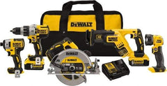 DeWALT - 20 Volt Cordless Tool Combination Kit - Includes 1/2" Brushless Hammerdrill, 1/4" Brushless Impact Driver, Brushless Reciprocating Saw, 7-1/2" Brushless Circular Saw & LED Worklight, Lithium-Ion Battery Included - Americas Industrial Supply