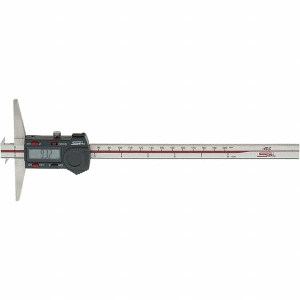 SPI - 0" to 200mm Stainless Steel Electronic Depth Gage - 0.03mm Accuracy, 0.01mm Resolution, 100mm Base Length, Hook Included - Americas Industrial Supply