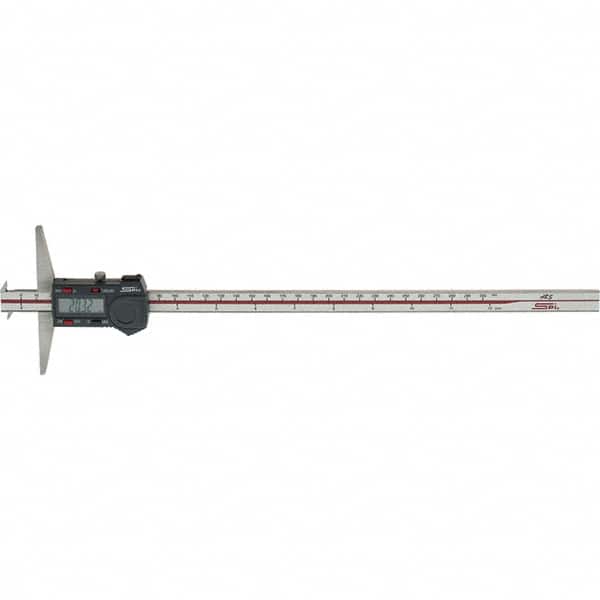 SPI - 0" to 300mm Stainless Steel Electronic Depth Gage - 0.04mm Accuracy, 0.01mm Resolution, 100mm Base Length, Hook Included - Americas Industrial Supply