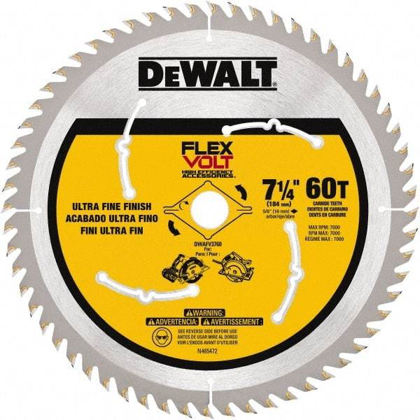 DeWALT - 7-1/4" Diam, 15.88mm Arbor Hole Diam, 60 Tooth Wet & Dry Cut Saw Blade - Steel, Smooth Action, Standard Round Arbor - Americas Industrial Supply