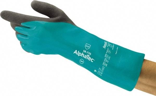 Ansell - Size S (7), 14" Long, 39 mil Thick, Supported, Nitrile Chemical Resistant Gloves - Textured Finish, HPPE Lined, Gauntlet Cuff, ANSI Abrasion Level 6, ANSI Cut Level A3, ANSI Puncture Level 3, Green - Americas Industrial Supply