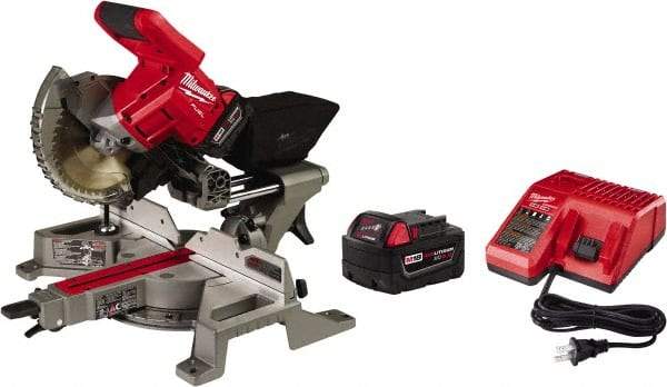 Milwaukee Tool - 5 Amp, 18 Volt, 5,000 RPM, 49° Left & Right Double Bevel Sliding Miter Saw - 5/8" Arbor, 7-1/4" Blade Diam, Includes Blade Wrench, Blade, Battery Pack & Battery Charger - Americas Industrial Supply