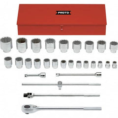 Proto - 29 Piece 1" Drive Chrome Finish Socket Set - 12 Points, 1-1/16" to 3-1/2" Range, Inch Measurement Standard - Americas Industrial Supply