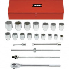 Proto - 22 Piece 1" Drive Chrome Finish Socket Set - 12 Points, 1-1/2" to 3-1/2" Range, Inch Measurement Standard - Americas Industrial Supply