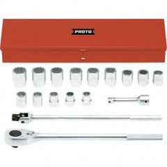 Proto - 17 Piece 1" Drive Chrome Finish Socket Set - 12 Points, 1-1/16" to 2" Range, Inch Measurement Standard - Americas Industrial Supply