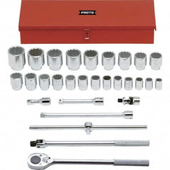 Proto - 29 Piece 3/4" Drive Chrome Finish Socket Set - 12 Points, 7/8" to 2-3/8" Range, Inch Measurement Standard - Americas Industrial Supply