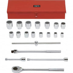 Proto - 20 Piece 3/4" Drive Chrome Finish Socket Set - 12 Points, 7/8" to 2" Range, Inch Measurement Standard - Americas Industrial Supply
