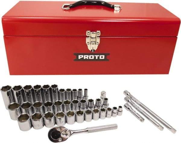 Proto - 39 Piece 3/8" & 1/2" Drive Chrome Finish Deep Well Socket Set - 6 Points, 5/16" to 1" Range, Inch Measurement Standard - Americas Industrial Supply