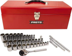 Proto - 39 Piece 3/8" & 1/2" Drive Chrome Finish Deep Well Socket Set - 6 Points, 5/16" to 1" Range, Inch Measurement Standard - Americas Industrial Supply