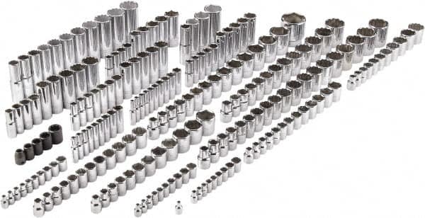 Proto - 205 Piece 1/4", 3/8" & 1/2" Drive Chrome Finish Deep Well Impact Socket Set - 6, 8, 12 Points, 5/32" to 1-1/4" (4mm to 32mm) Range, Inch/Metric Measurement Standard - Americas Industrial Supply