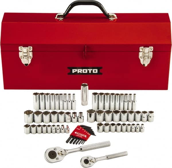 Proto - 63 Piece 1/4" & 3/8" Drive Chrome Finish Deep Well Socket Set - 6, 12 Points, 1/8" to 3/4" (5mm to 18mm) Range, Inch/Metric Measurement Standard - Americas Industrial Supply