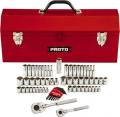 Proto - 63 Piece 1/4" & 3/8" Drive Chrome Finish Deep Well Socket Set - 6, 12 Points, 1/8" to 3/4" (5mm to 18mm) Range, Inch/Metric Measurement Standard - Americas Industrial Supply