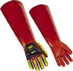 Ringers Gloves - Size S (8), 15" Long, 10 mil Thick, PVC Chemical Resistant Gloves - Textured Finish, KEVLAR Lined, Gauntlet Cuff, ANSI Abrasion Level 4, ANSI Cut Level 3, Hi-Viz Yellow/Red - Americas Industrial Supply