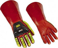 Ringers Gloves - Size XL (12), 14" Long, 10 mil Thick, PVC Chemical Resistant Gloves - Textured Finish, KEVLAR Lined, Gauntlet Cuff, ANSI Abrasion Level 4, ANSI Cut Level 3, Hi-Viz Yellow/Red - Americas Industrial Supply