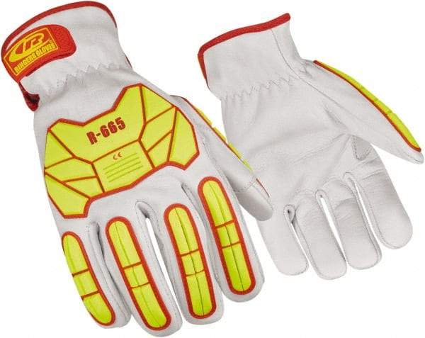 Ringers Gloves - Size L (10), ANSI Cut Lvl 3, Goatskin Leather Cut Resistant Gloves - Hook & Loop Cuff, White/Hi-Vis Yellow, Paired - Americas Industrial Supply