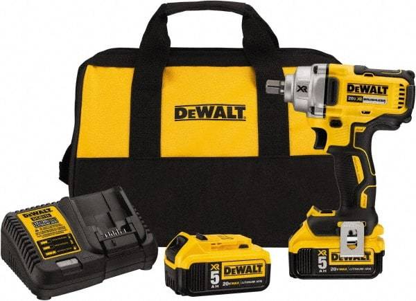 DeWALT - 1/2" Drive 20 Volt Mid-Handle Cordless Impact Wrench & Ratchet - 2,000 RPM, 0 to 3,100 BPM, 330 Ft/Lb Torque, 2 Lithium-Ion Batteries Included - Americas Industrial Supply