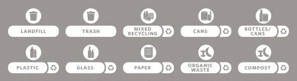 Rubbermaid - Trash Can Decal Message: Landfill, Trash, Mixed Recycling, Cans, Bottles/Cans, Plastic, Glass, Paper, Organic Waste, Compost - English, Text on Color, White, Indoor & Outdoor, Apply to Polypropylene, 8-1/2" Wide - Americas Industrial Supply