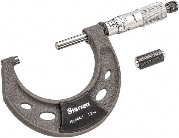Starrett - 1 to 2" Range, 0.0001" Graduation, Mechanical Outside Micrometer - Ratchet Thimble, 1-1/4" Throat Depth, Accurate to 0.0001" - Americas Industrial Supply