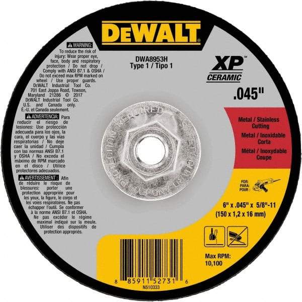 DeWALT - 6" Ceramic Cutoff Wheel - 0.045" Thick, 5/8-11 Arbor, 10,100 Max RPM, Use with Angle Grinders - Americas Industrial Supply