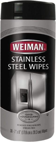Weiman - Pre-Moistened Stainless Steel Cleaner Wipes - Canister, 8" x 7" Sheet Size, White - Americas Industrial Supply