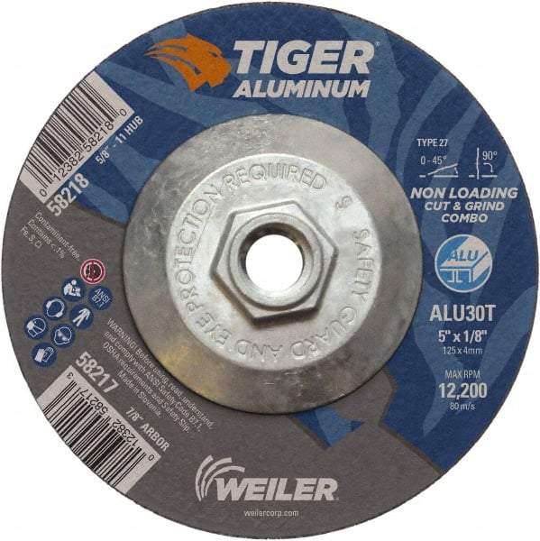 Weiler - 5" 30 Grit Aluminum Oxide/Silicon Carbide Blend Cutoff Wheel - 1/8" Thick, 5/8-11 Arbor, 12,200 Max RPM, Use with Angle Grinders - Americas Industrial Supply