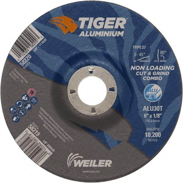 Weiler - 6" 30 Grit Aluminum Oxide/Silicon Carbide Blend Cutoff Wheel - 1/8" Thick, 7/8" Arbor, 10,200 Max RPM, Use with Angle Grinders - Americas Industrial Supply