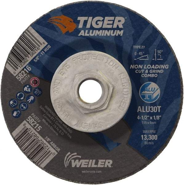 Weiler - 4-1/2" 30 Grit Aluminum Oxide/Silicon Carbide Blend Cutoff Wheel - 1/8" Thick, 5/8-11 Arbor, 13,300 Max RPM, Use with Angle Grinders - Americas Industrial Supply