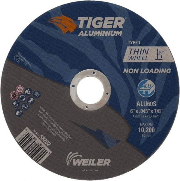 Weiler - 6" 60 Grit Aluminum Oxide/Silicon Carbide Blend Cutoff Wheel - 0.045" Thick, 7/8" Arbor, 10,200 Max RPM, Use with Angle Grinders - Americas Industrial Supply