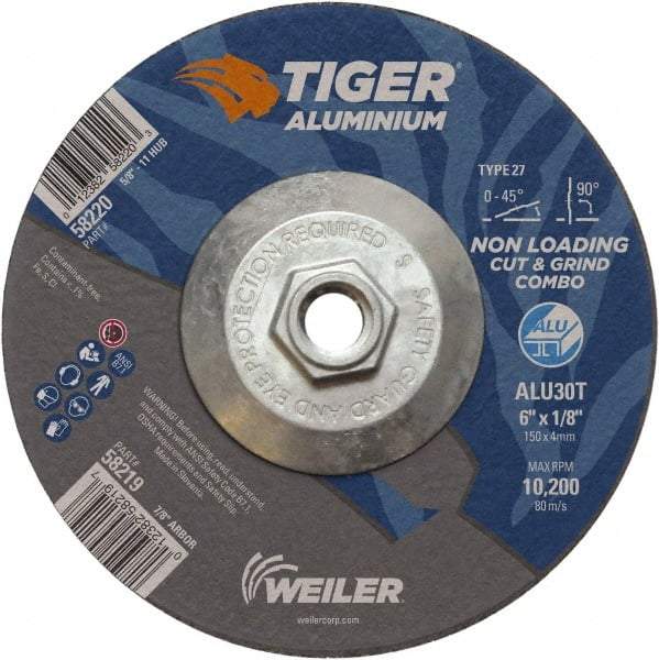 Weiler - 6" 30 Grit Aluminum Oxide/Silicon Carbide Blend Cutoff Wheel - 1/8" Thick, 5/8-11 Arbor, 10,200 Max RPM, Use with Angle Grinders - Americas Industrial Supply