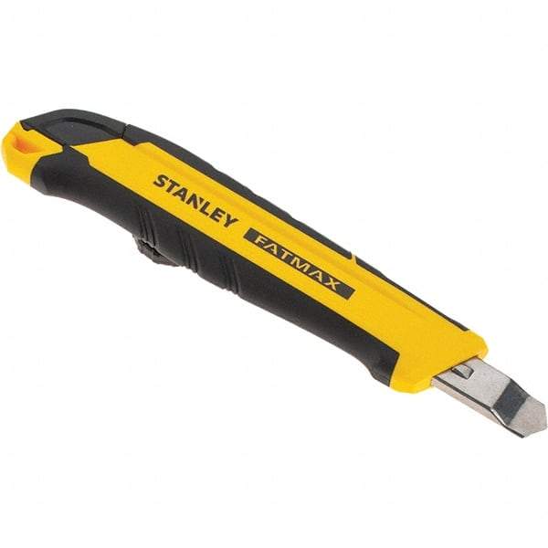 Stanley - Snap Utility Knife - 3.4" Carbon Steel Blade, Yellow & Black Bi-Material -ABS/TPR Handle, 1 Blade Included - Americas Industrial Supply