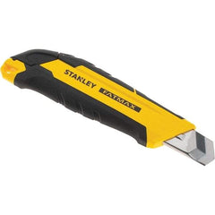 Stanley - Snap Utility Knife - 4.35" Carbon Steel Blade, Yellow & Black Bi-Material -ABS/TPR Handle, 1 Blade Included - Americas Industrial Supply