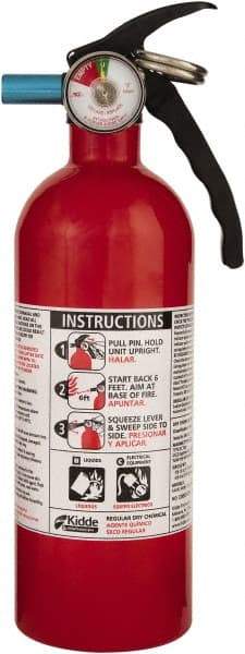 Kidde - 2 Lb, 5-B:C Rated, Dry Chemical Fire Extinguisher - 3-1/4" Diam x 10.95" High, 100 psi, 12' Discharge in 12 sec, Seamless Aluminum Cylinder - Americas Industrial Supply
