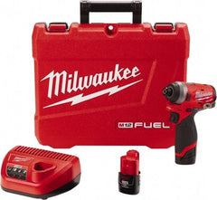 Milwaukee Tool - 1/4" Drive 12 Volt Pistol Grip Cordless Impact Wrench & Ratchet - 3,300 RPM, 0 to 4,000 BPM, 1,300 Ft/Lb Torque, 2 Lithium-Ion Batteries Included - Americas Industrial Supply