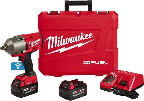 Milwaukee Tool - 1/2" Drive 18 Volt Pistol Grip Cordless Impact Wrench & Ratchet - 1,750 RPM, 0 to 2,100 BPM, 1,400 Ft/Lb Torque, 2 Lithium-Ion Batteries Included - Americas Industrial Supply