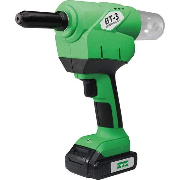 Marson - 3/16 to 1/4" Closed End Rivet Capacity , 4,600 Lb Pull Force Cordless Electric Riveter - 1.18" Stroke Length, 20 VDC, Mandrel Collection, Battery Included - Americas Industrial Supply