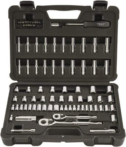 Stanley - 85 Piece 1/4" & 3/8" Drive Chrome Finish Socket Set - 12 Points, 5/32" to 7/8" (4mm to 19mm) Range, Inch/Metric Measurement Standard - Americas Industrial Supply