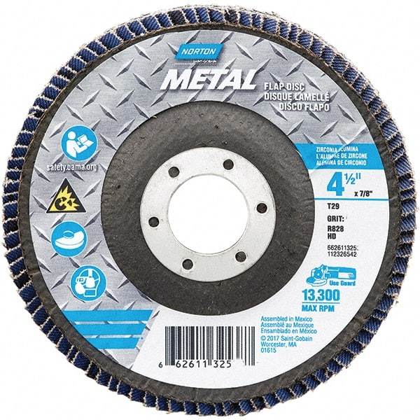 Norton - 60 Grit, 4-1/2" Disc Diam, 7/8" Center Hole, Type 29 Zirconia Alumina Flap Disc - 13,300 Max RPM, Fiberglass Backing, Arbor Attaching System, Coated - Americas Industrial Supply