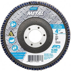 Norton - 60 Grit, 4-1/2" Disc Diam, 7/8" Center Hole, Type 29 Zirconia Alumina Flap Disc - 13,300 Max RPM, Fiberglass Backing, Arbor Attaching System, Coated - Americas Industrial Supply