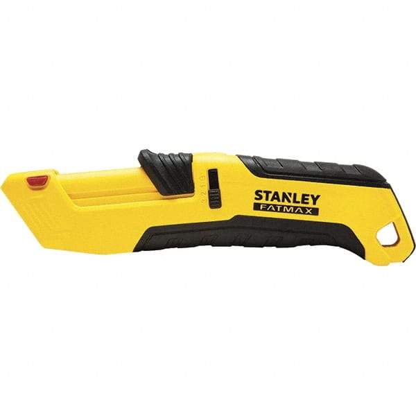 Stanley - Retractable Safety Utility Knife - 2.175" Steel Blade, Yellow & Black Ergonomic Non-slip Grips Handle, 4 Blades Included - Americas Industrial Supply